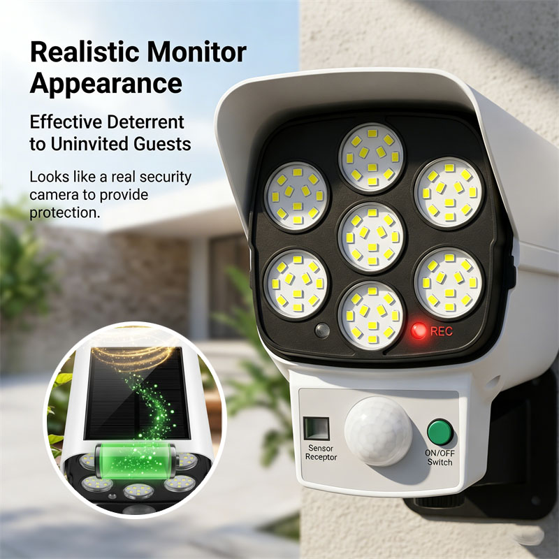 Home Security Beams - Solarbetriebene Dummy-Überwachungskamera mit Bewegungssensor LED-Flutlicht Wasserdichte